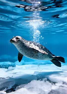 Seal swimming underwater near ice