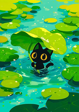 Cute black cat under a lotus leaf
