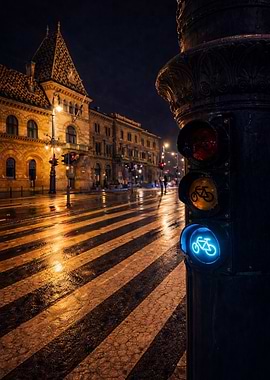 Nighttime Cityscape with Bicycle Traffic Light