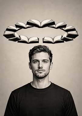 Man with halo of books