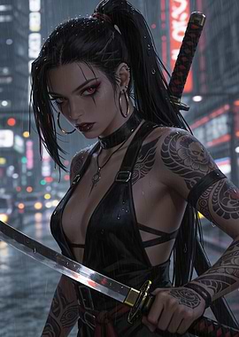 Cyberpunk Samurai Woman in Rain