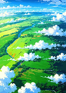 Anime Landscape with River and Clouds