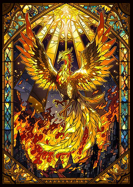 Phoenix Rising from Flames in Stained Glass