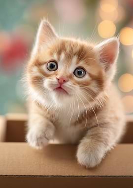 Dreamy Close-Up of an Adorable Orange Tabby Kitten in a Box