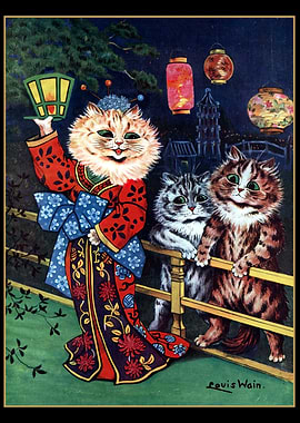 Louis Wain Cats in Kimonos with Lanterns