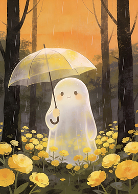 Cute Ghost with Umbrella in Flower Field