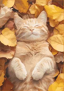 Orange Cat Sleeping in Autumn Leaves