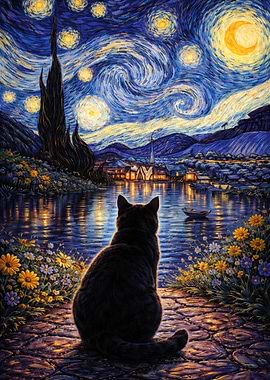 Black Cat Gazing at Starry Night Sky