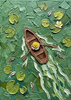 Person Rowing Boat Through Lily Pads