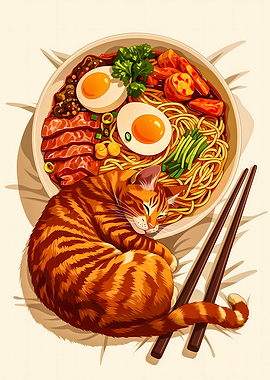 Cat Sleeping by Ramen Bowl