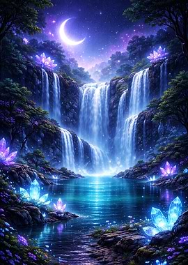 Waterfall Under a Crescent Moon