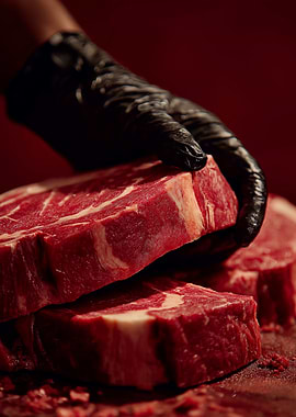 Hand in black glove holding raw steaks