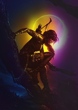 Lara Croft in a moonlit jungle