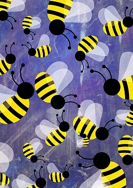 Cute Grunge Bees on Blue Background
