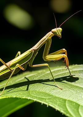 Praying Mantis on Green Leaf