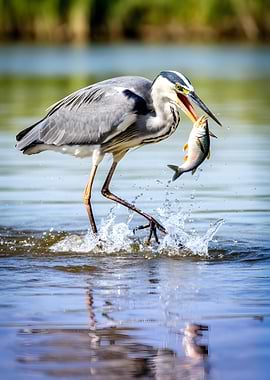 Heron catches fish in water