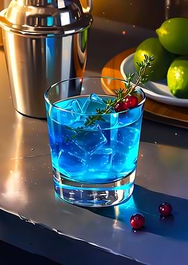 Blue Cocktail with Cranberries and Thyme