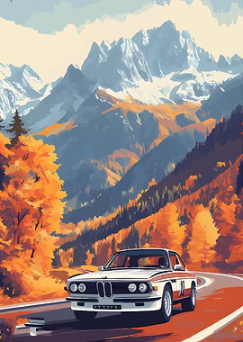 Vintage Car on Mountain Road