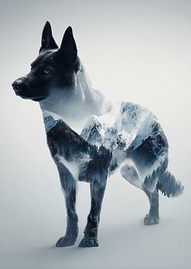 Double Exposure Wolf and Mountains