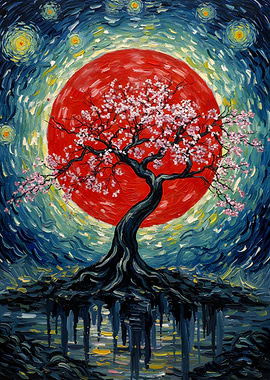 Cherry Blossom Tree Under Red Moon
