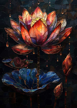 Stained Glass Lotus Flower with Water Droplets