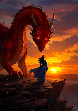 Dragon and Woman at Sunset