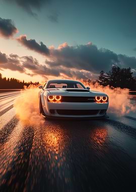 White Dodge Challenger Drifting at Sunset