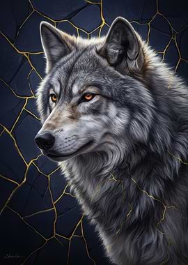 Kintsugi Wolf with Golden Cracks