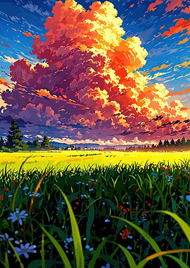 Vibrant Anime Landscape with Dramatic Clouds