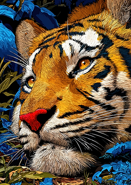 Close-up Tiger Portrait in Blue Foliage