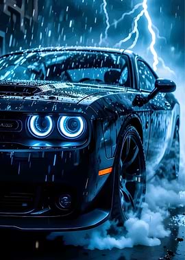 Black Dodge Challenger in Rain and Lightning