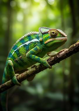 Chameleon on a branch in a forest