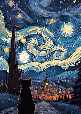 Black Cat Starry Night Cityscape