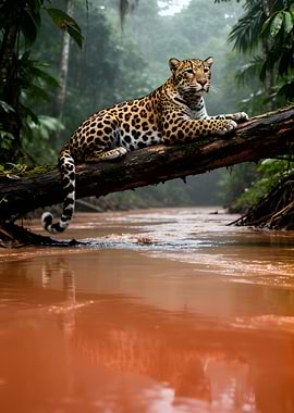 Leopard resting on a log over a river