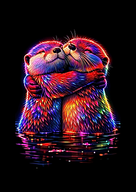 Two Otters Hugging in Rainbow Colors