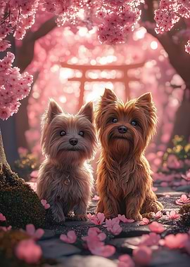 Two Yorkshire Terriers in Cherry Blossoms