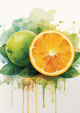 Watercolor Citrus Fruits and Leaves