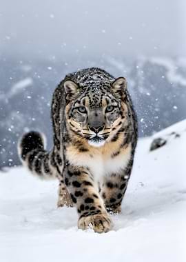 Snow Leopard Walking in Snow