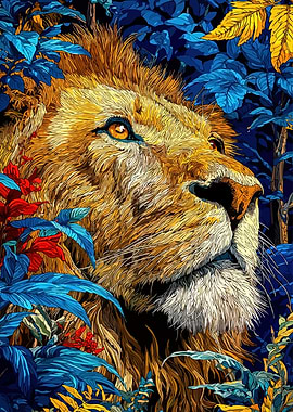 Lion in a vibrant jungle