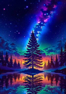 Vibrant Night Sky Over Forest Lake