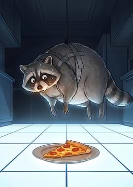 Raccoon suspended over pizza