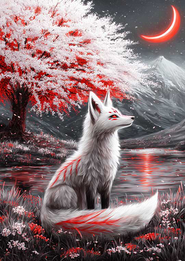 White Fox Under Cherry Blossom Tree