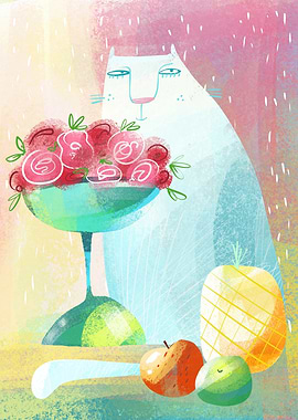 Whimsical Cat with Fruit and Flowers
