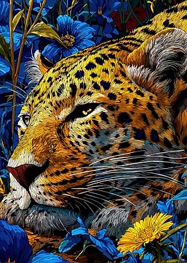 Leopard in Blue and Yellow Flowers