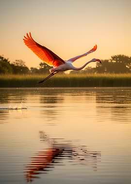 Flamingo Takes Flight Over Water