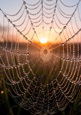 Dewdrops on Spiderweb at Sunrise