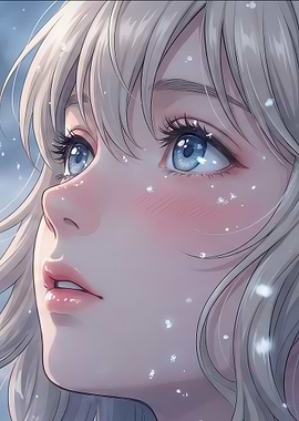 Anime Girl Looking Up in Snow