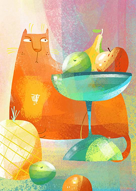 Orange Cat with Fruit Bowl
