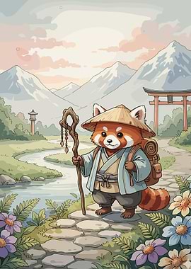 Red Panda Pilgrim in Japanese Landscape