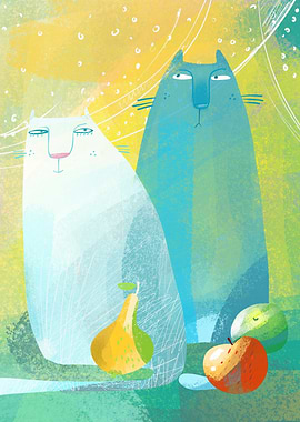 Two Stylized Cats with Fruit